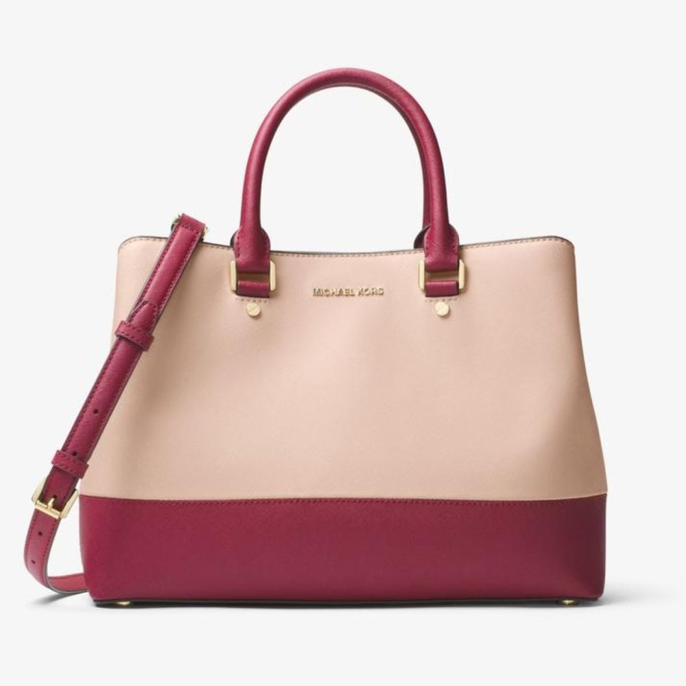 Michael Kors Savannah Color-Block Saffiano Leather Satchel pink Mulberry
